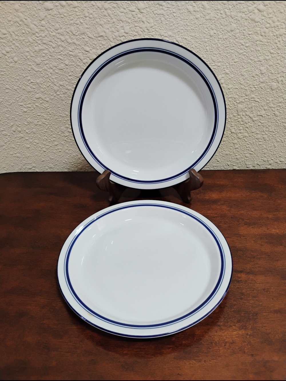 2 Dansk Bistro White Salad Plates with Navy Double Band Made In Portugal